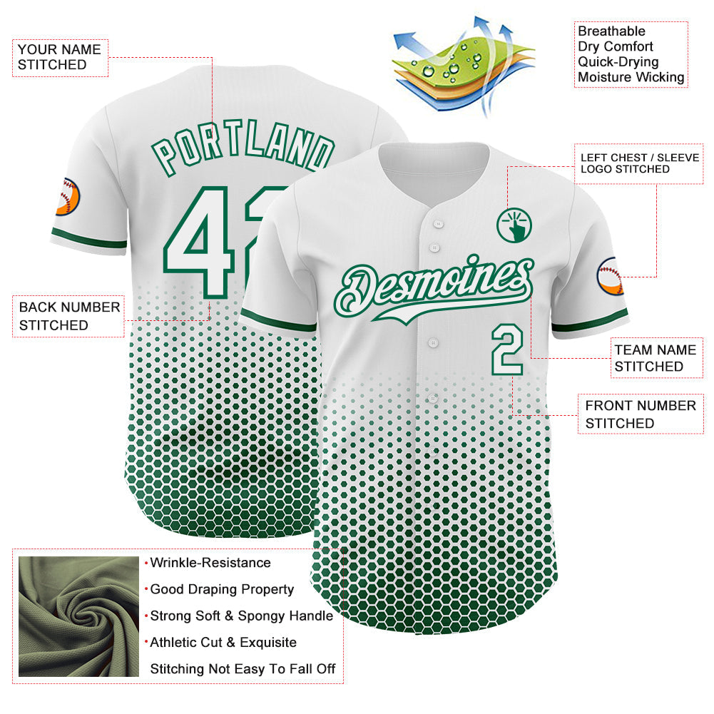 Custom White-Kelly Green Geometric Hexagonal Dot Gradient Authentic Baseball Jersey