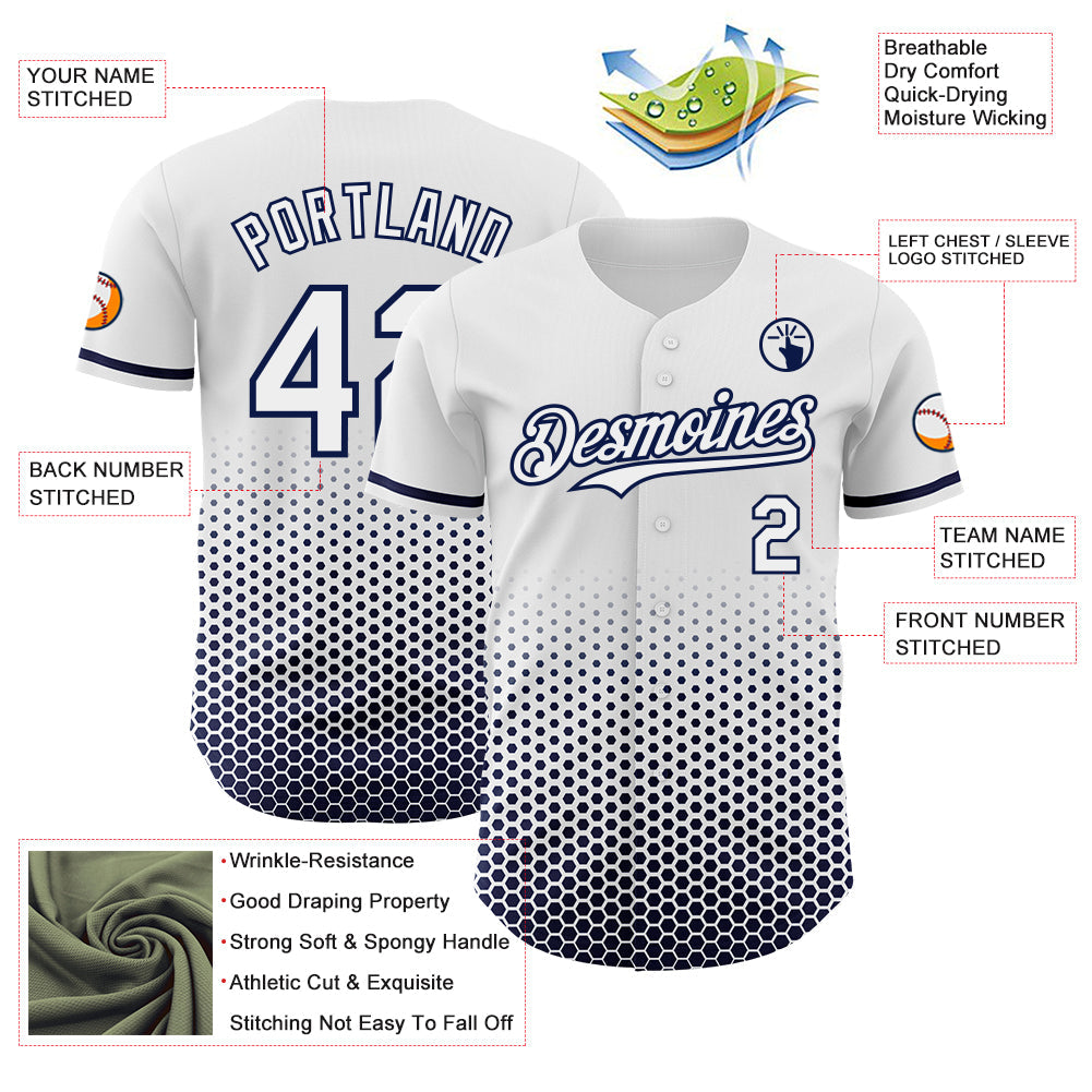 Custom White-Navy Geometric Hexagonal Dot Gradient Authentic Baseball Jersey