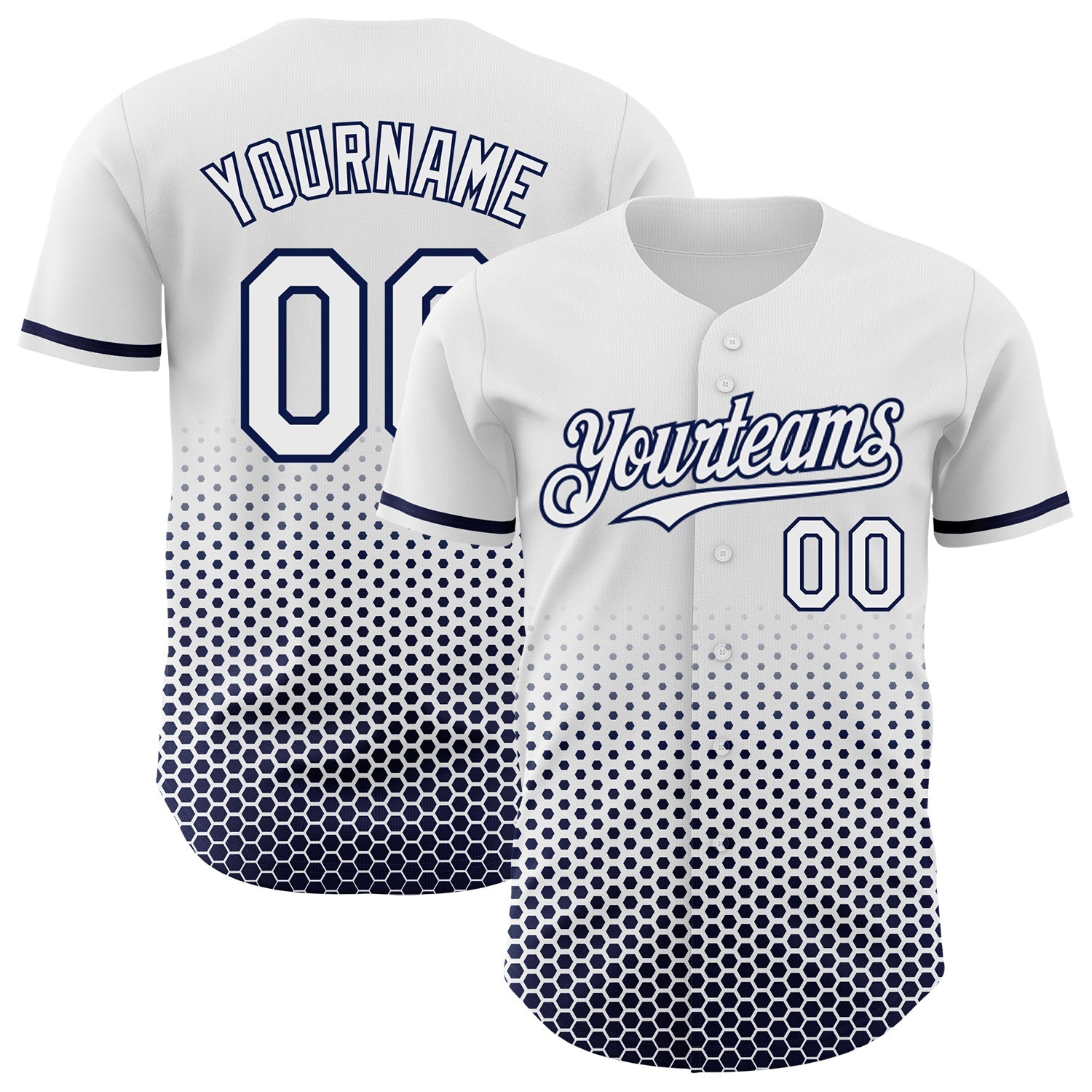 Custom White-Navy Geometric Hexagonal Dot Gradient Authentic Baseball Jersey