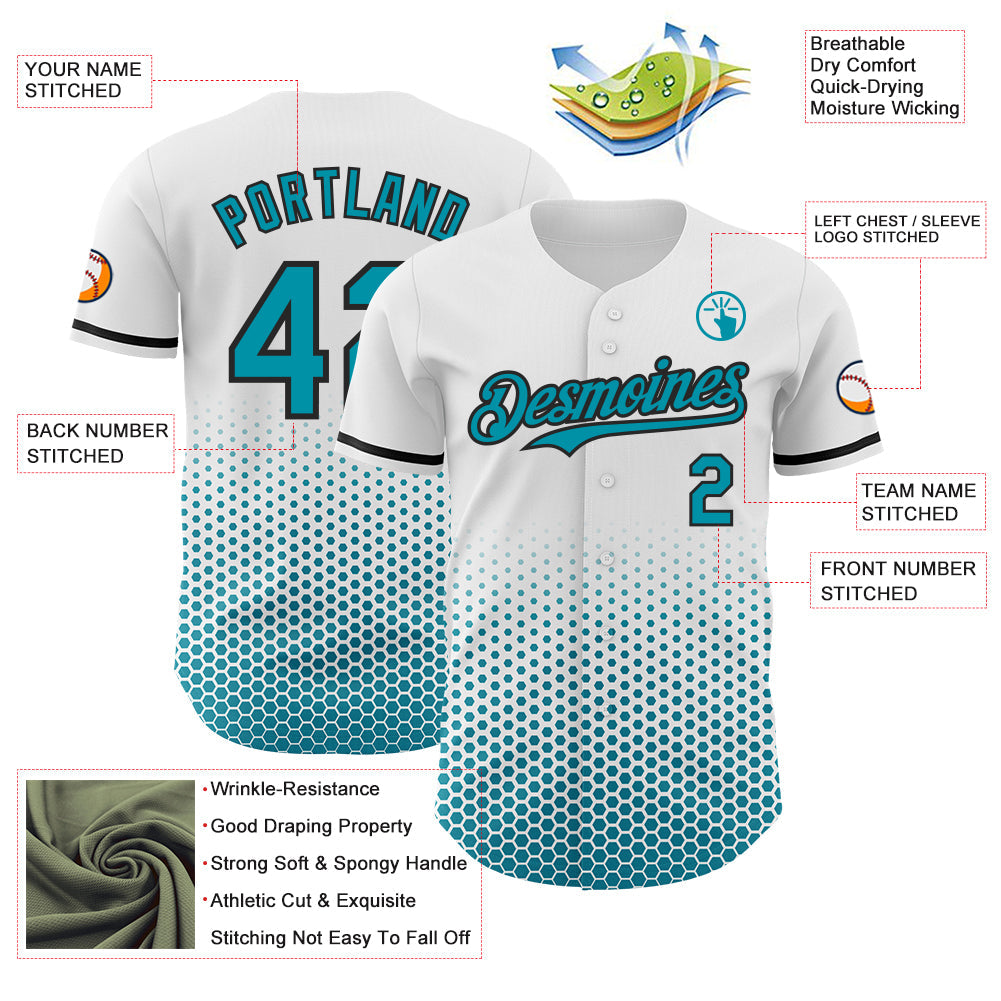 Custom White Teal-Black Geometric Hexagonal Dot Gradient Authentic Baseball Jersey