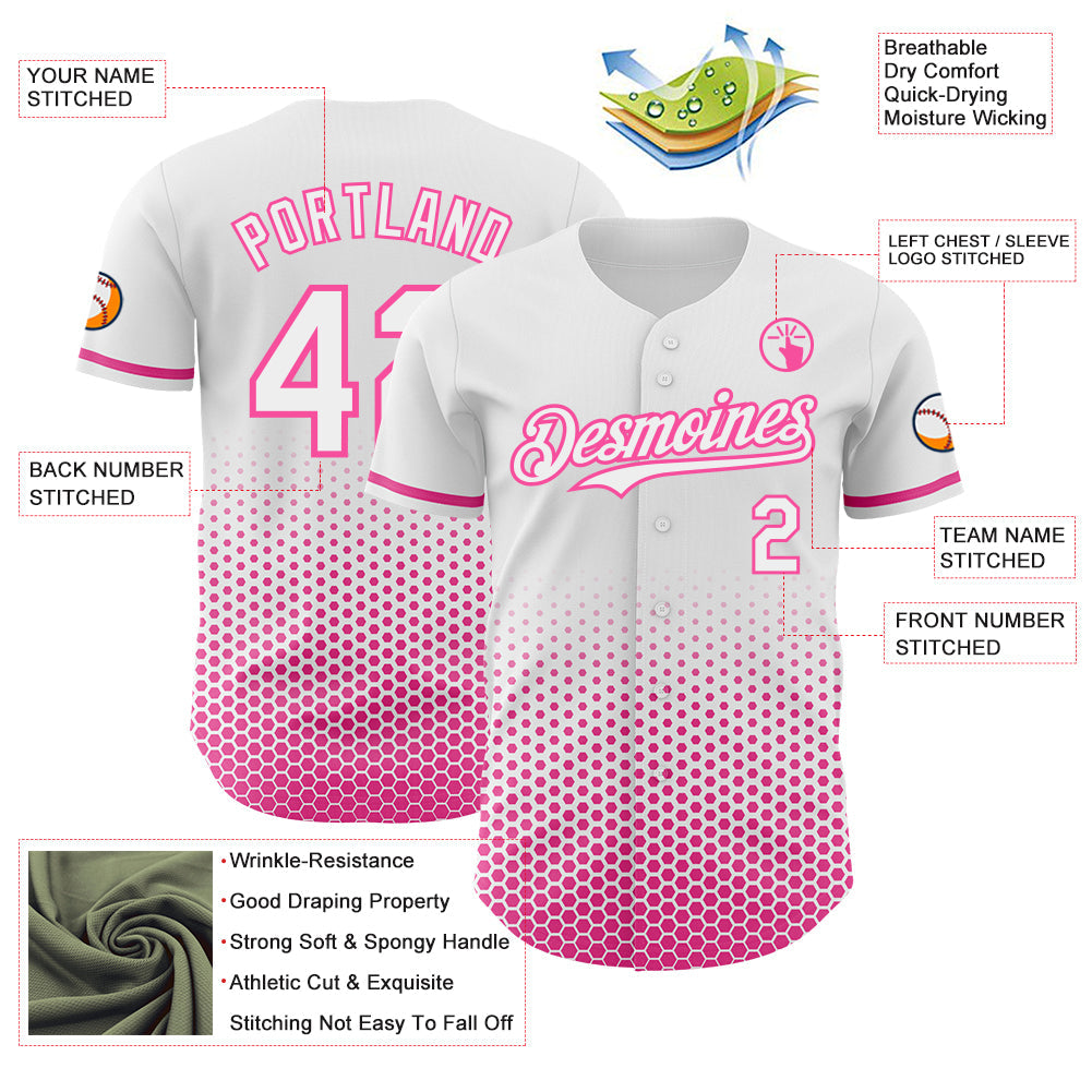 Custom White-Pink Geometric Hexagonal Dot Gradient Authentic Baseball Jersey