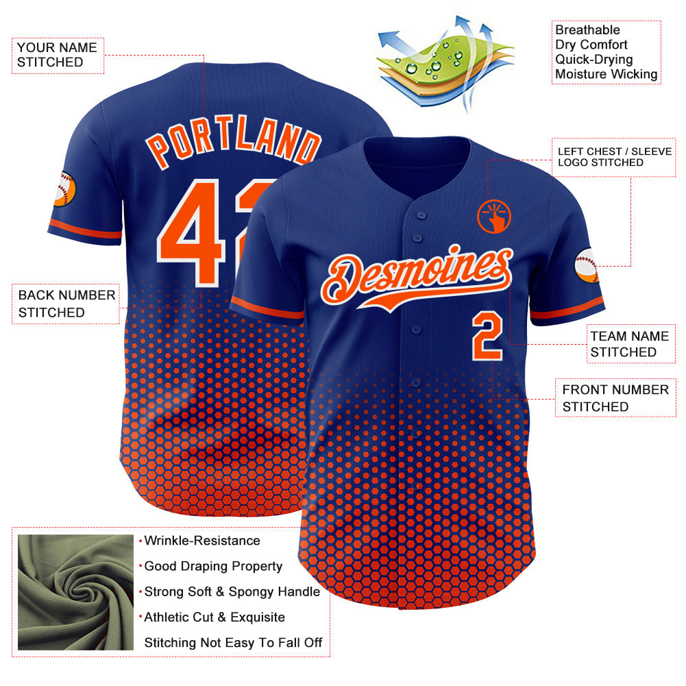 Custom Royal Orange-White Geometric Hexagonal Dot Gradient Authentic Baseball Jersey