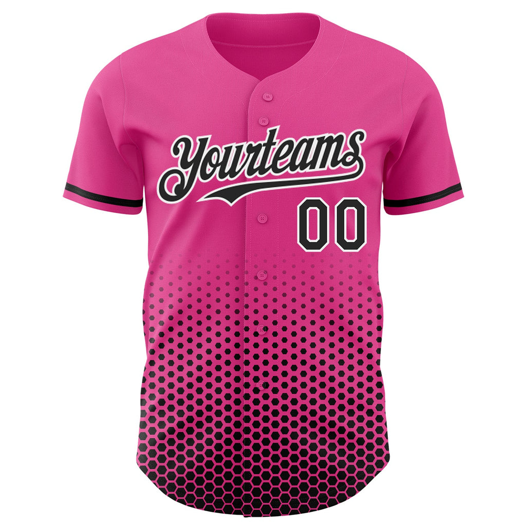 Custom Pink Black-White Geometric Hexagonal Dot Gradient Authentic Baseball Jersey