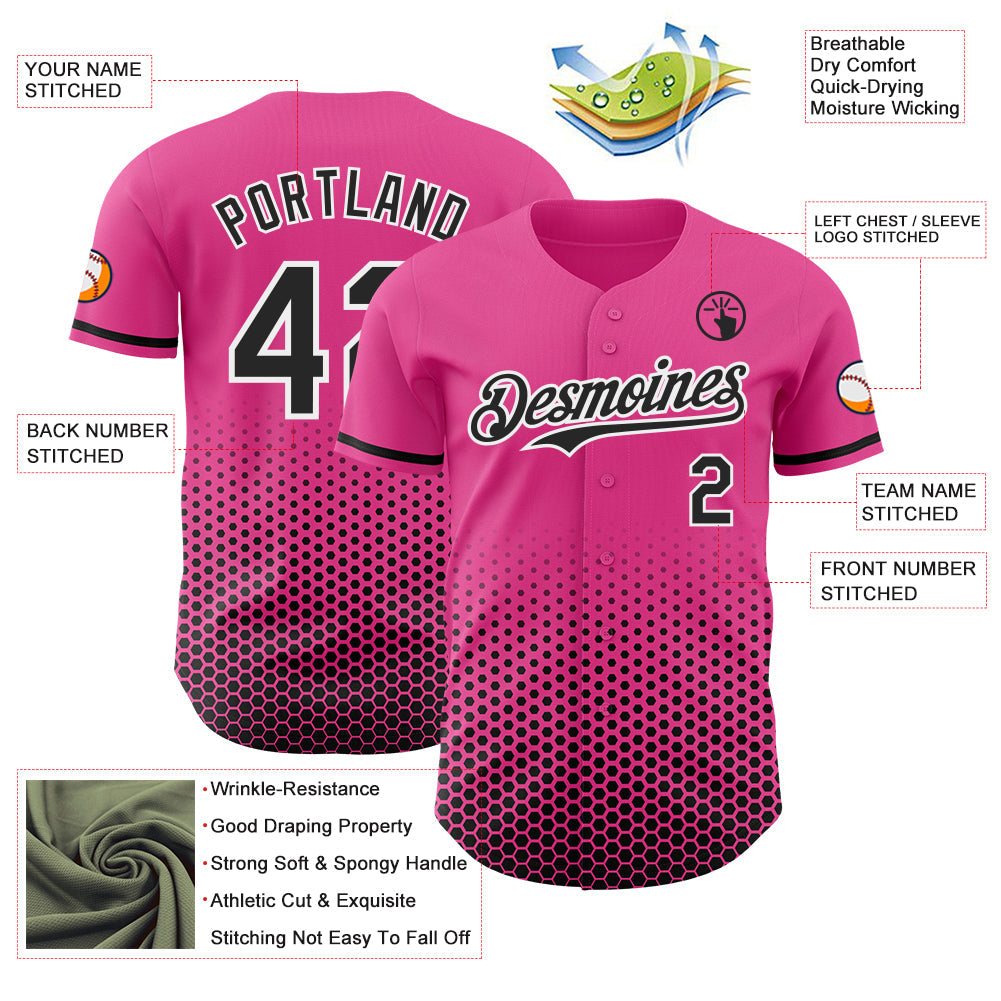 Custom Pink Black-White Geometric Hexagonal Dot Gradient Authentic Baseball Jersey
