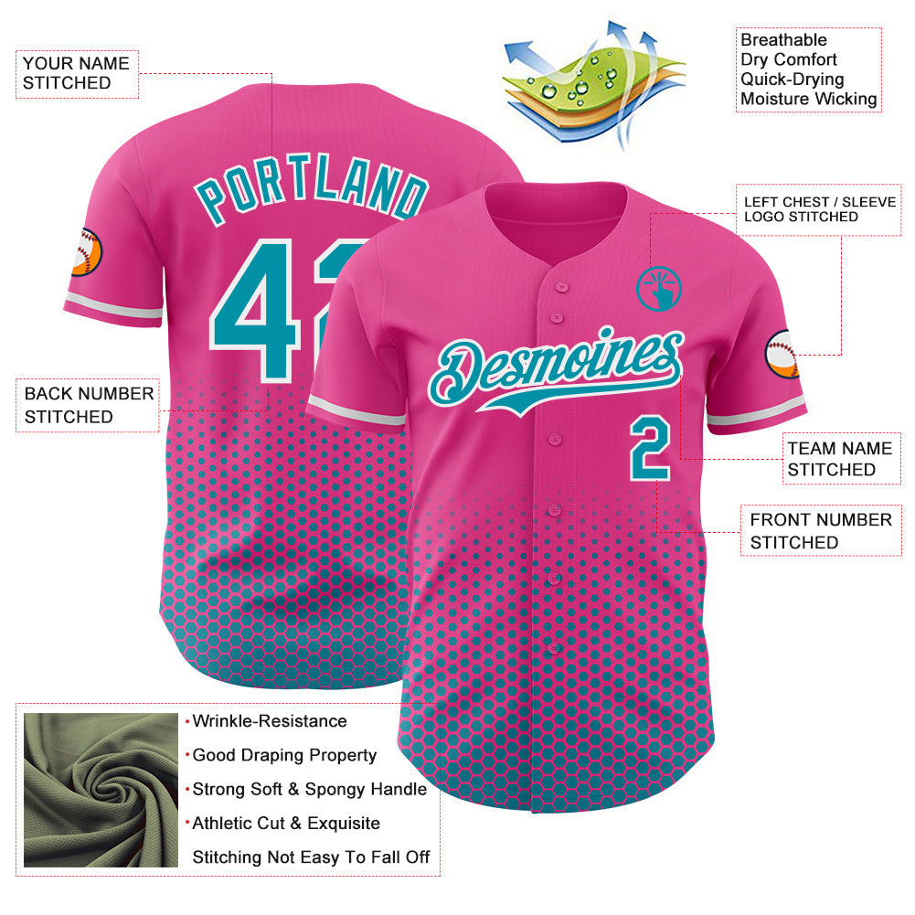 Custom Pink Teal-White Geometric Hexagonal Dot Gradient Authentic Baseball Jersey