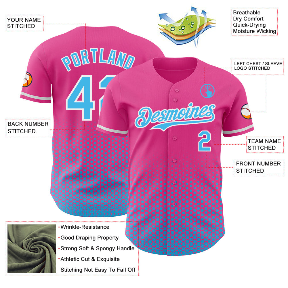Custom Pink Sky Blue-White Geometric Hexagonal Dot Gradient Authentic Baseball Jersey