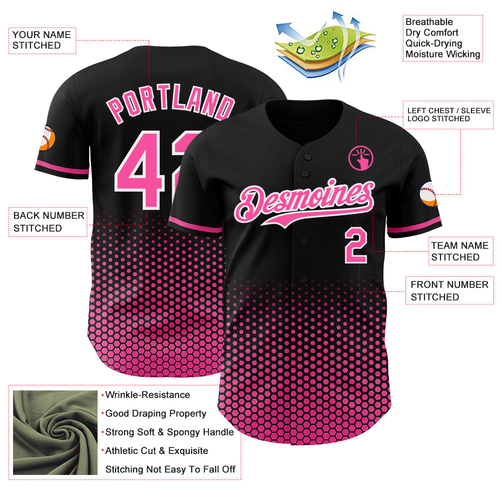 Custom Black Pink-White Geometric Hexagonal Dot Gradient Authentic Baseball Jersey