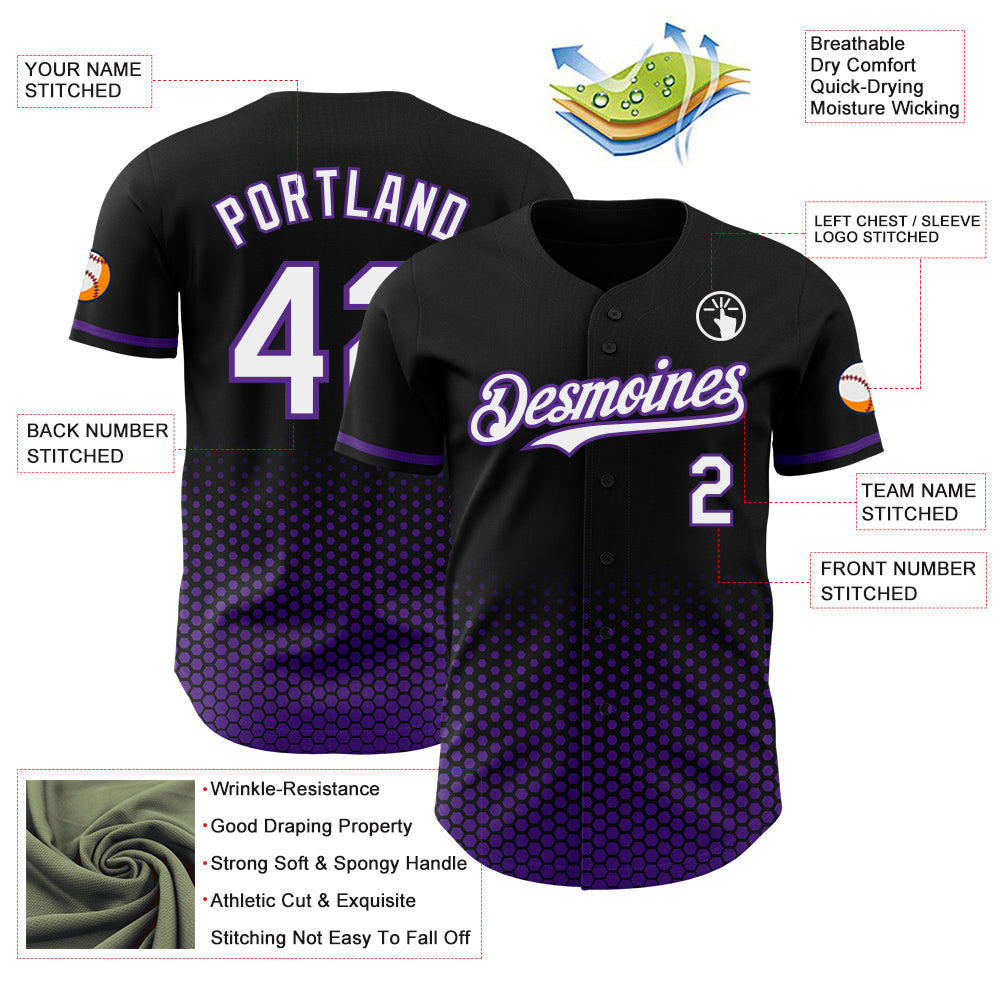 Custom Black White-Purple Geometric Hexagonal Dot Gradient Authentic Baseball Jersey