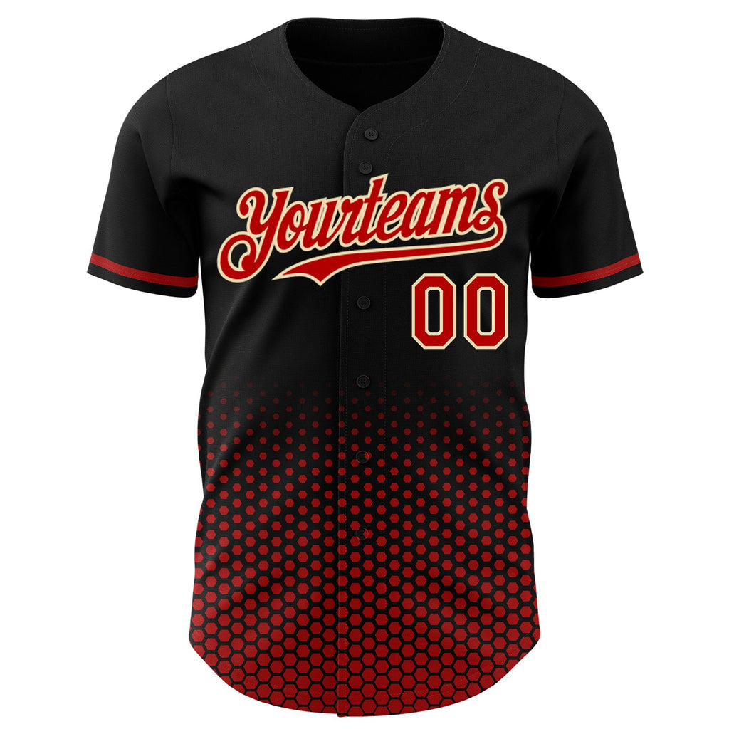 Custom Black Red-Cream Geometric Hexagonal Dot Gradient Authentic Baseball Jersey