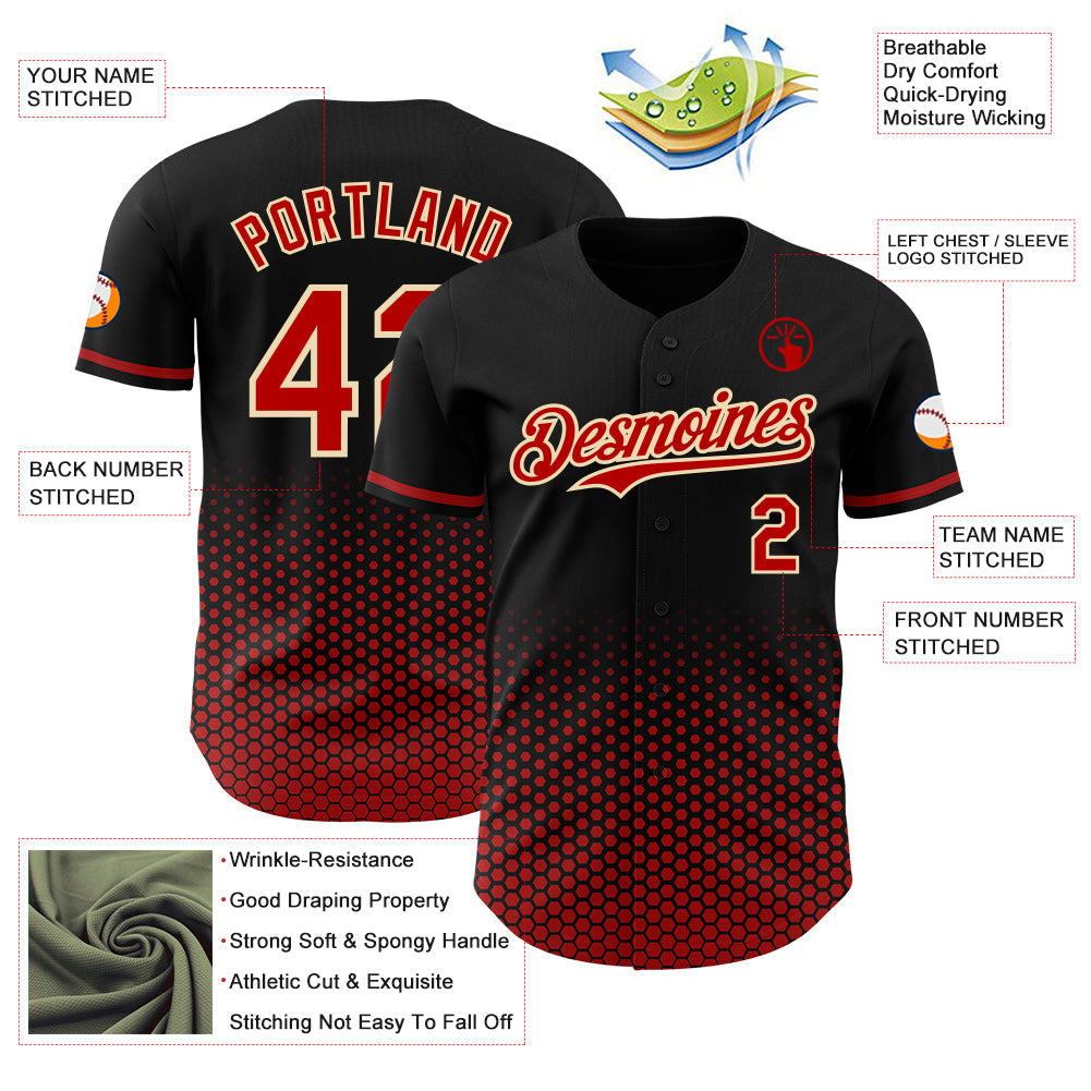Custom Black Red-Cream Geometric Hexagonal Dot Gradient Authentic Baseball Jersey