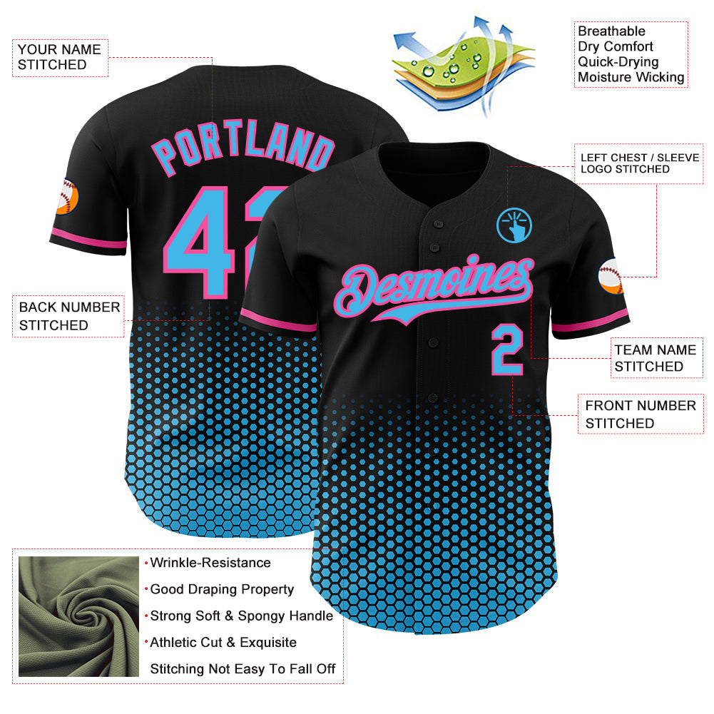 Custom Black Sky Blue-Pink Geometric Hexagonal Dot Gradient Authentic Baseball Jersey