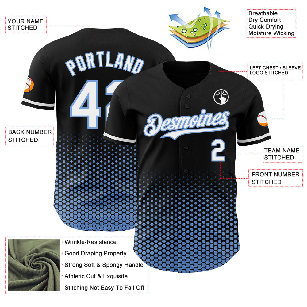 Custom Black White-Light Blue Geometric Hexagonal Dot Gradient Authentic Baseball Jersey