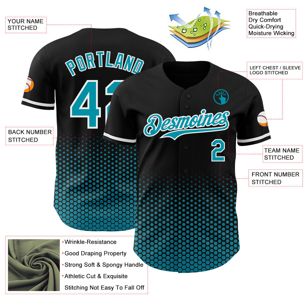 Custom Black Teal-White Geometric Hexagonal Dot Gradient Authentic Baseball Jersey