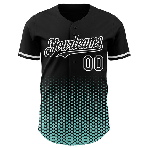 Custom Black Ice Blue-White Geometric Hexagonal Dot Gradient Authentic Baseball Jersey