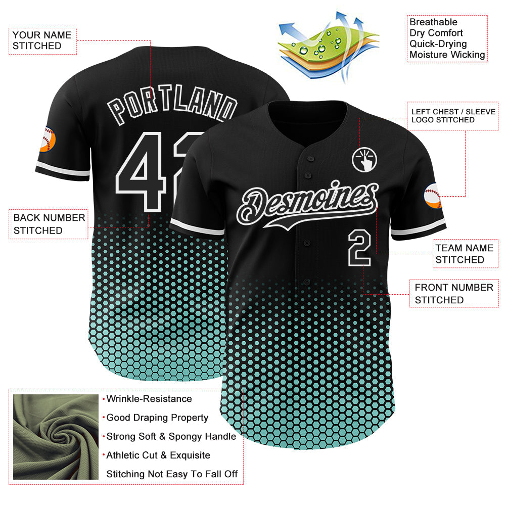 Custom Black Ice Blue-White Geometric Hexagonal Dot Gradient Authentic Baseball Jersey