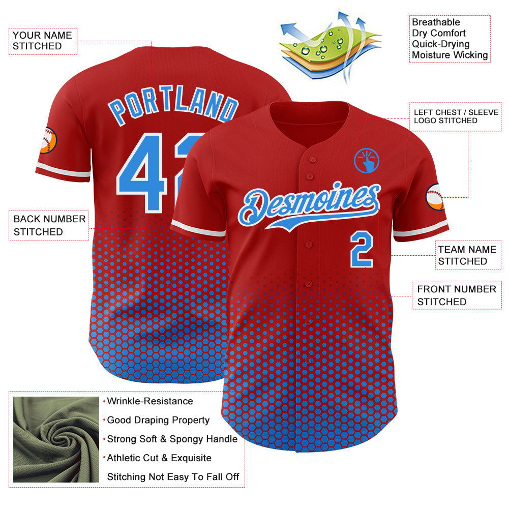 Custom Red Electric Blue-White Geometric Hexagonal Dot Gradient Authentic Baseball Jersey