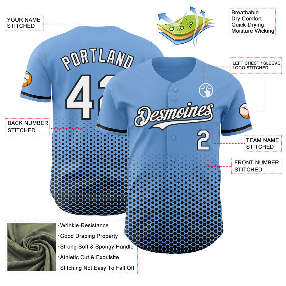 Custom Light Blue White-Black Geometric Hexagonal Dot Gradient Authentic Baseball Jersey