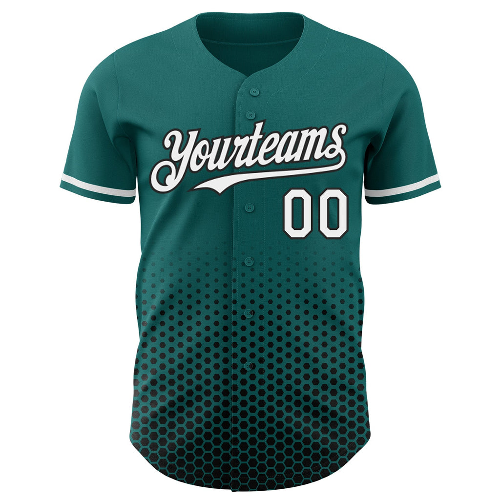 Custom Teal White-Black Geometric Hexagonal Dot Gradient Authentic Baseball Jersey