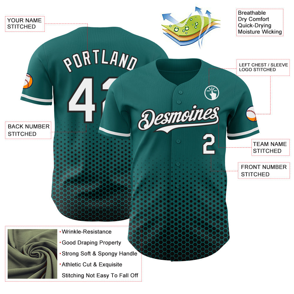 Custom Teal White-Black Geometric Hexagonal Dot Gradient Authentic Baseball Jersey