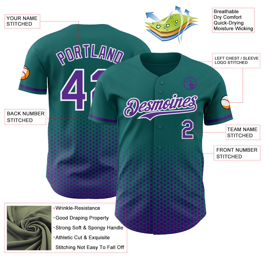 Custom Teal Purple-White Geometric Hexagonal Dot Gradient Authentic Baseball Jersey