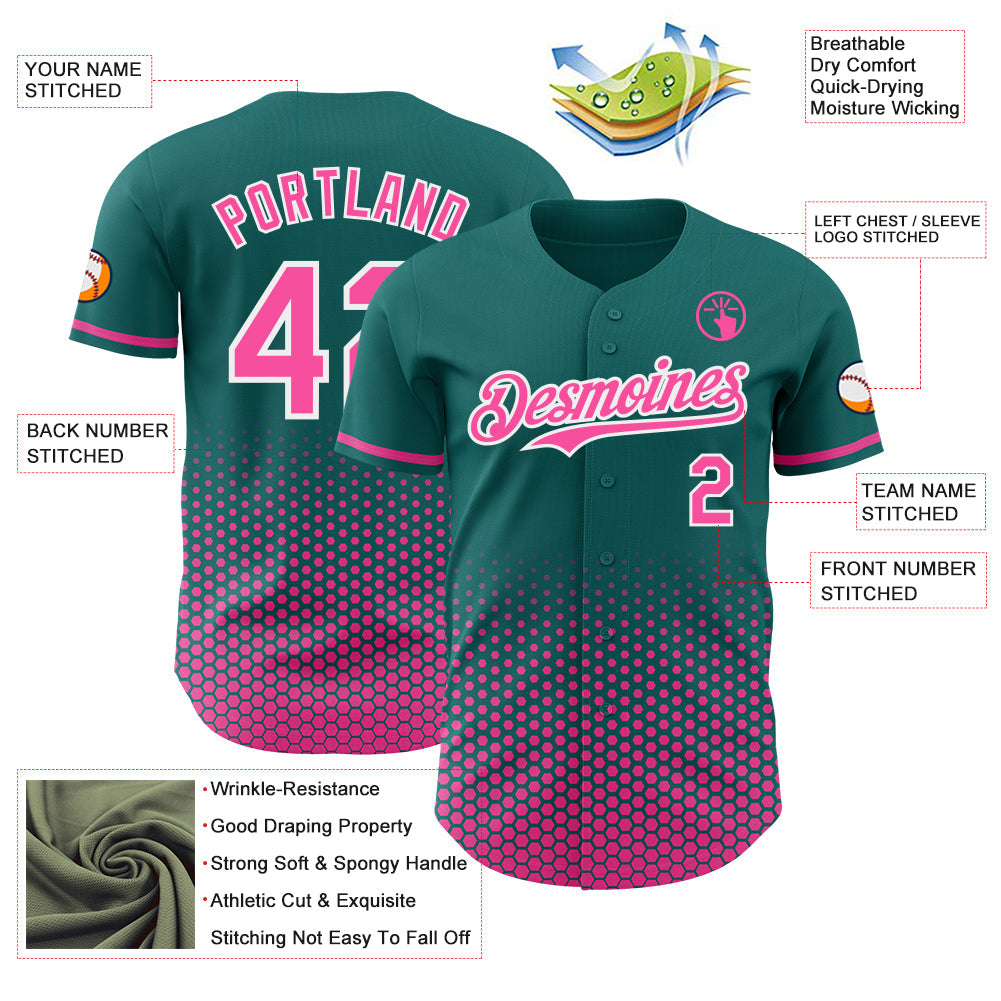 Custom Teal Pink-White Geometric Hexagonal Dot Gradient Authentic Baseball Jersey