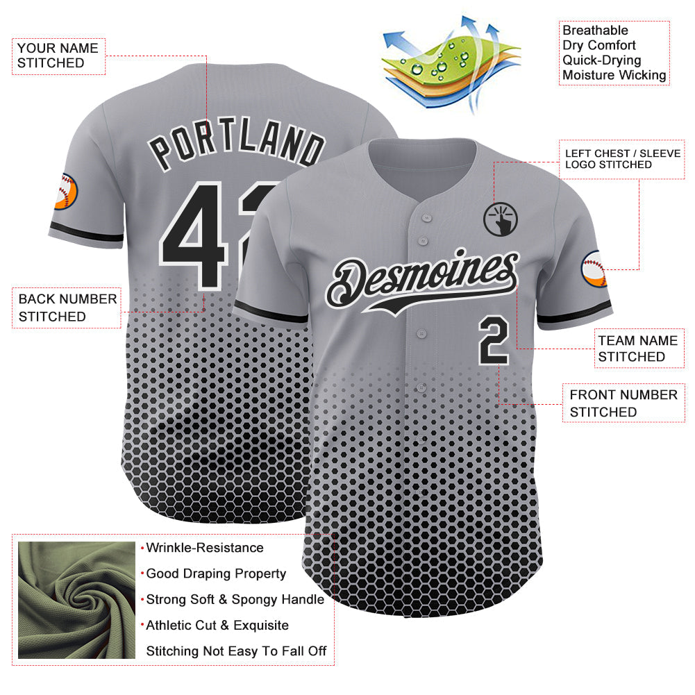 Custom Gray Black-White Geometric Hexagonal Dot Gradient Authentic Baseball Jersey