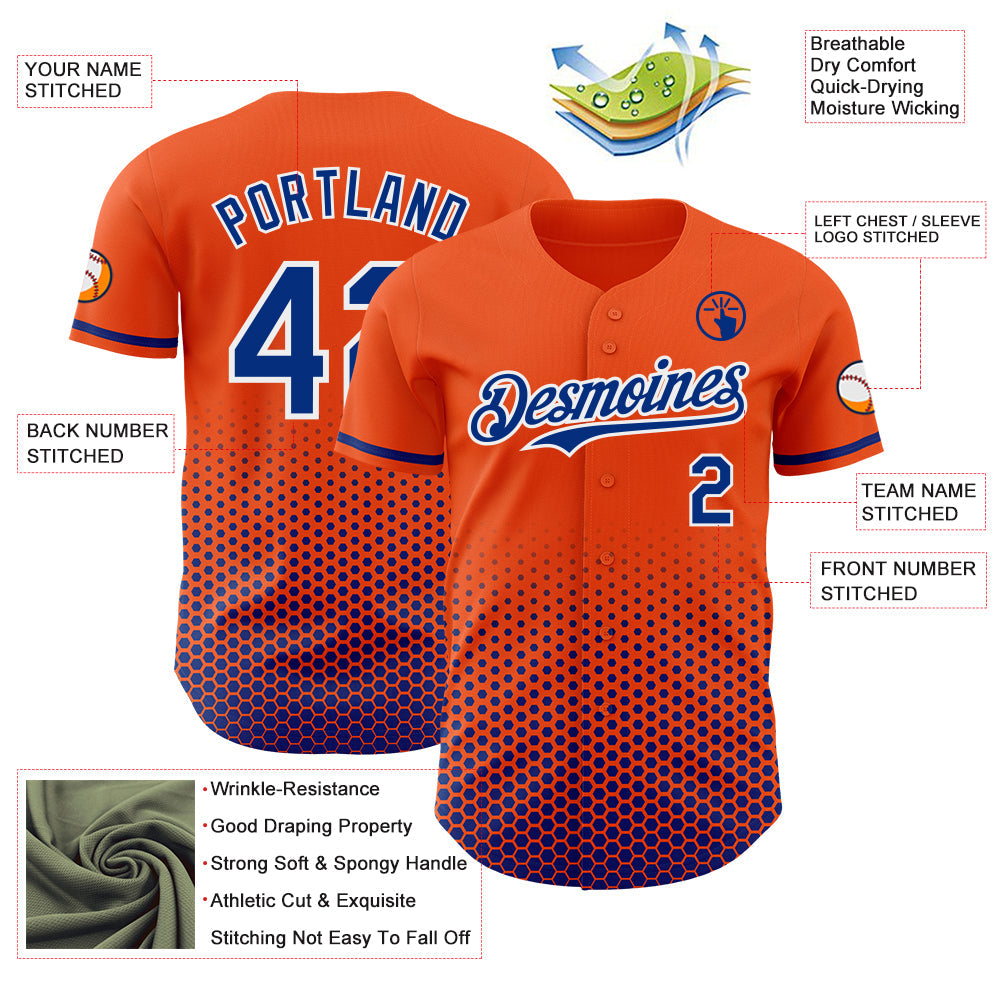 Custom Orange Royal-White Geometric Hexagonal Dot Gradient Authentic Baseball Jersey