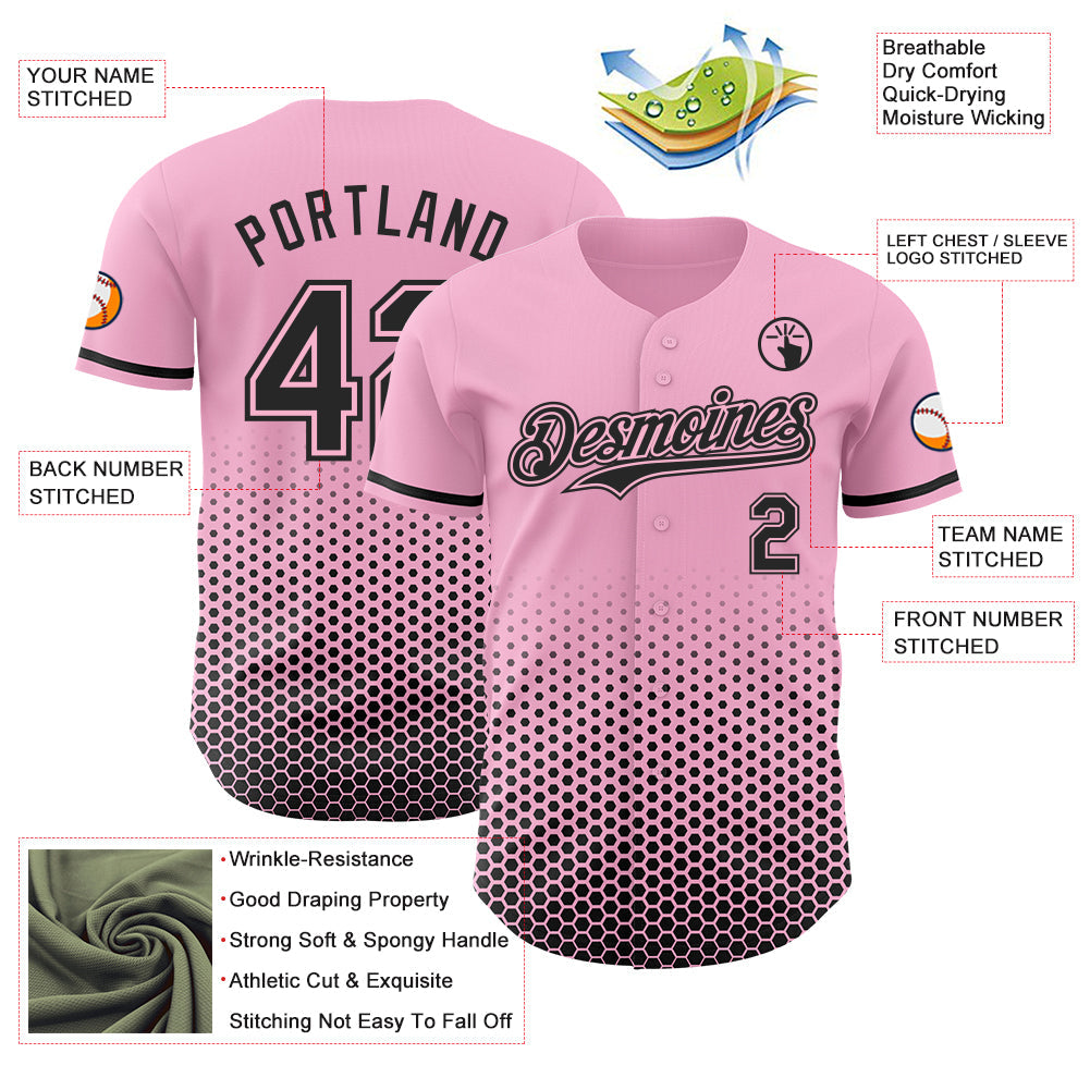 Custom Light Pink-Black Geometric Hexagonal Dot Gradient Authentic Baseball Jersey