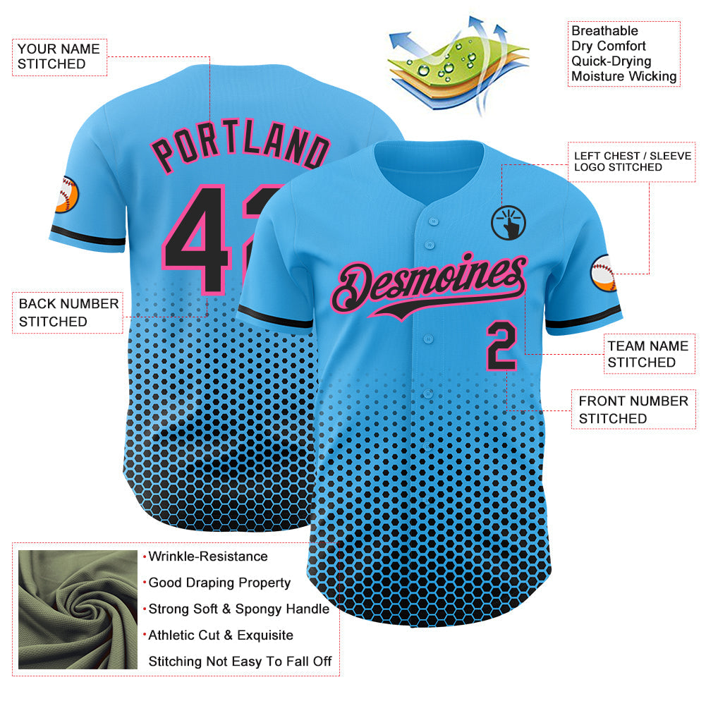Custom Sky Blue Black-Pink Geometric Hexagonal Dot Gradient Authentic Baseball Jersey