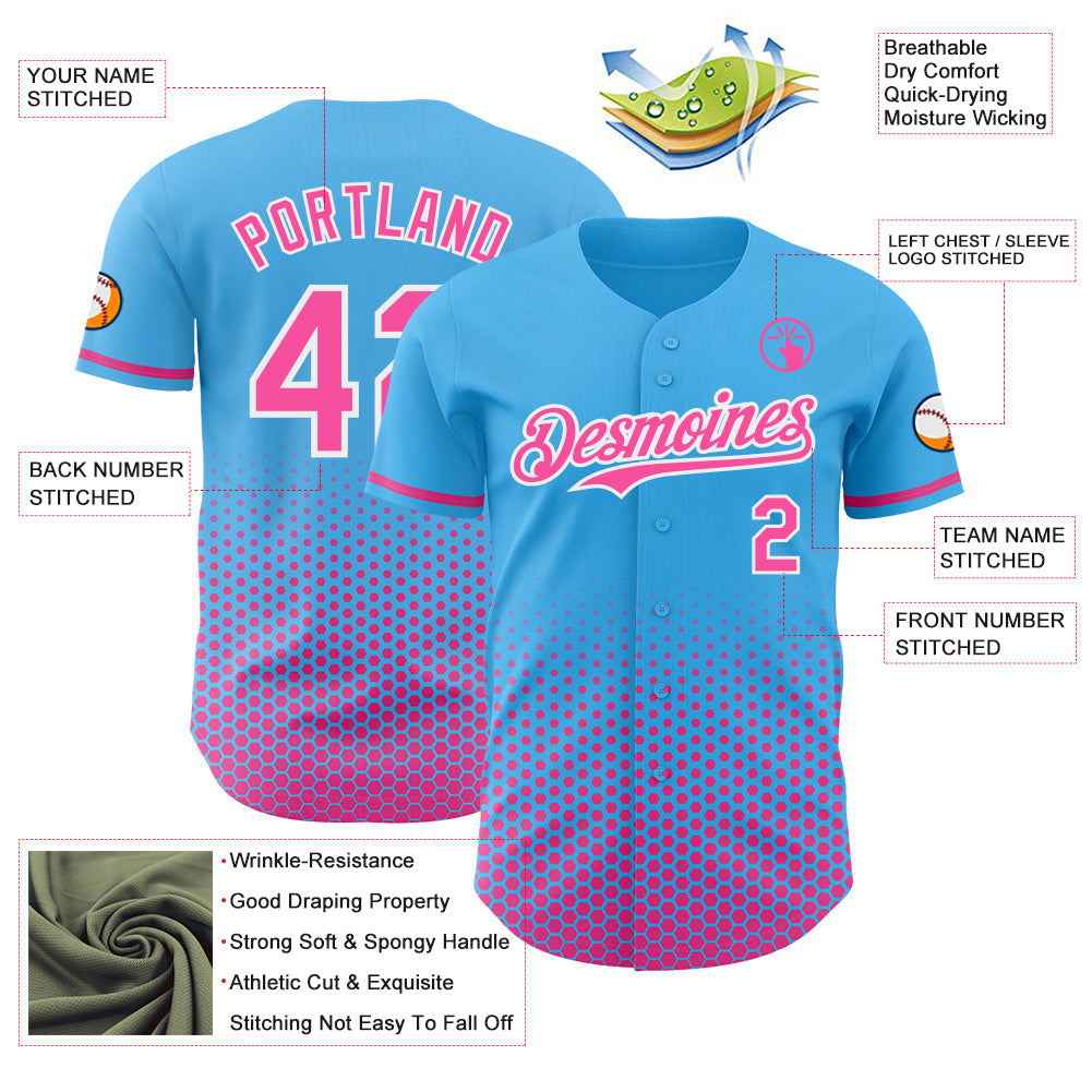 Custom Sky Blue Pink-White Geometric Hexagonal Dot Gradient Authentic Baseball Jersey