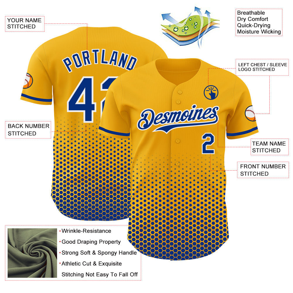 Custom Gold Royal-White Geometric Hexagonal Dot Gradient Authentic Baseball Jersey