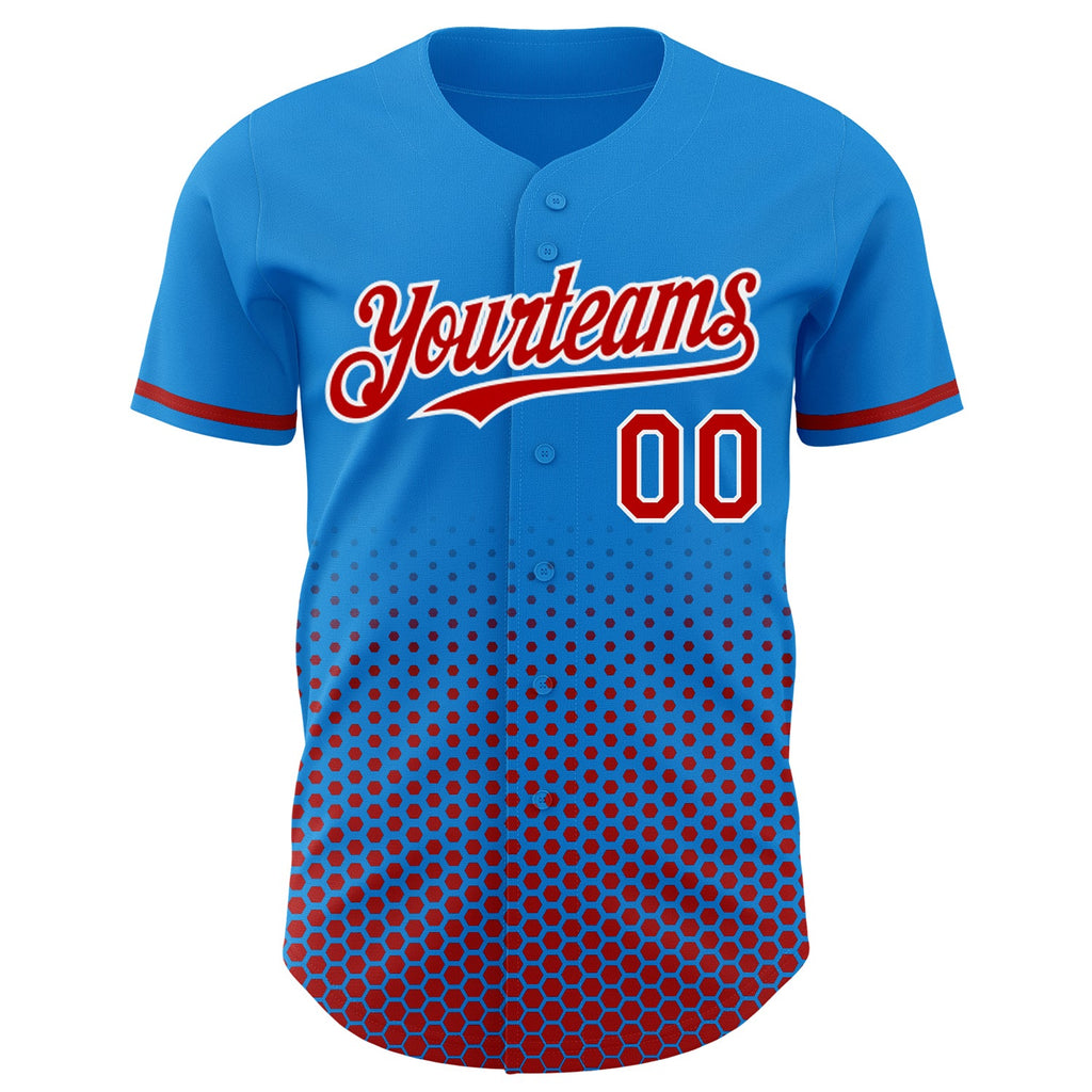 Custom Electric Blue Red-White Geometric Hexagonal Dot Gradient Authentic Baseball Jersey