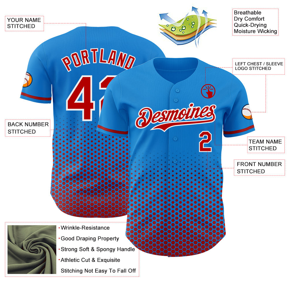 Custom Electric Blue Red-White Geometric Hexagonal Dot Gradient Authentic Baseball Jersey