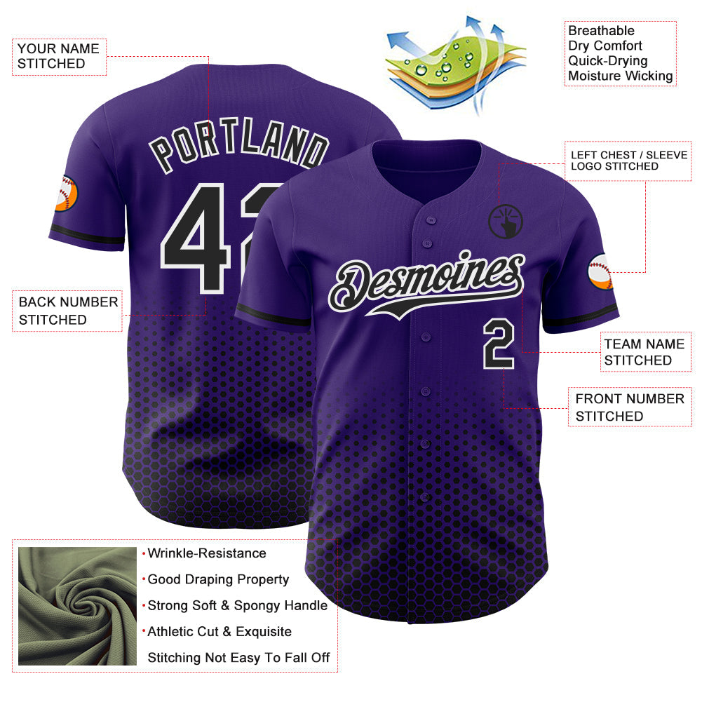 Custom Purple Black-White Geometric Hexagonal Dot Gradient Authentic Baseball Jersey