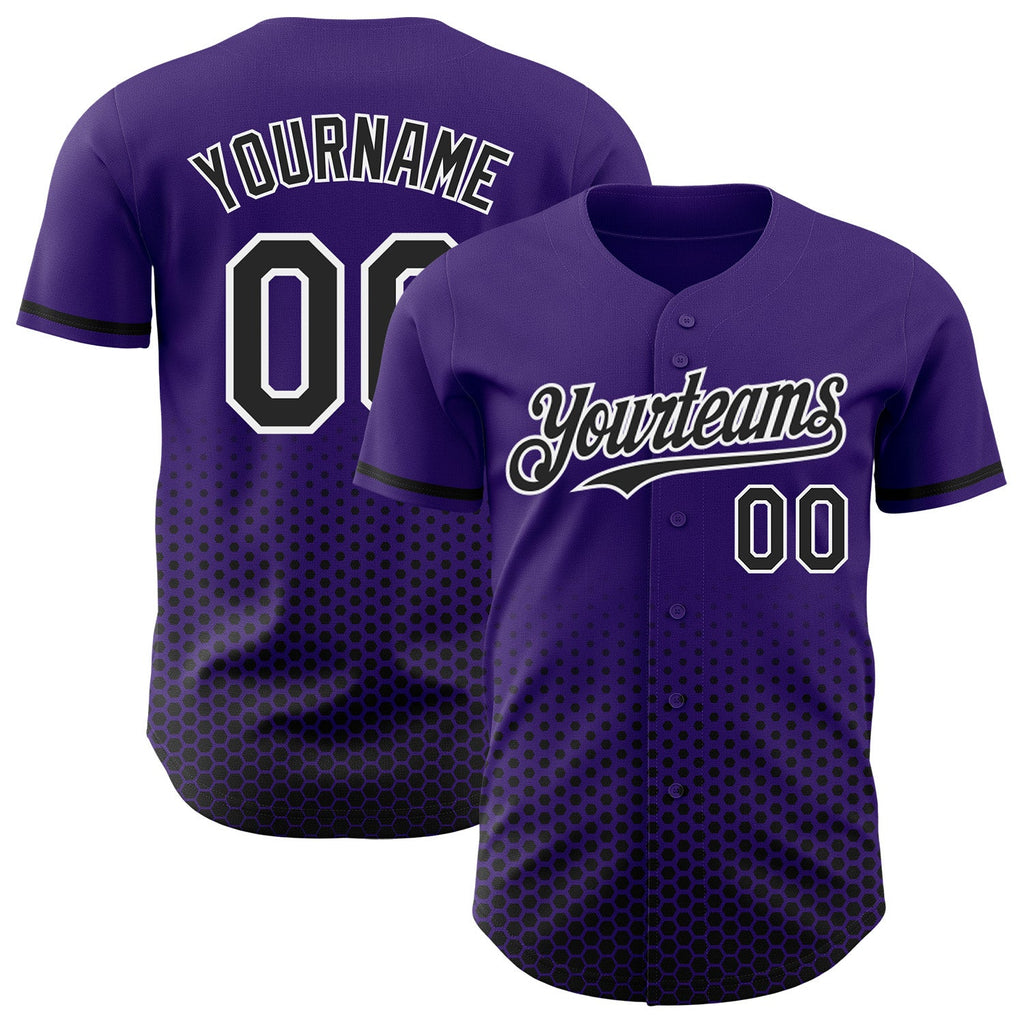 Custom Purple Black-White Geometric Hexagonal Dot Gradient Authentic Baseball Jersey