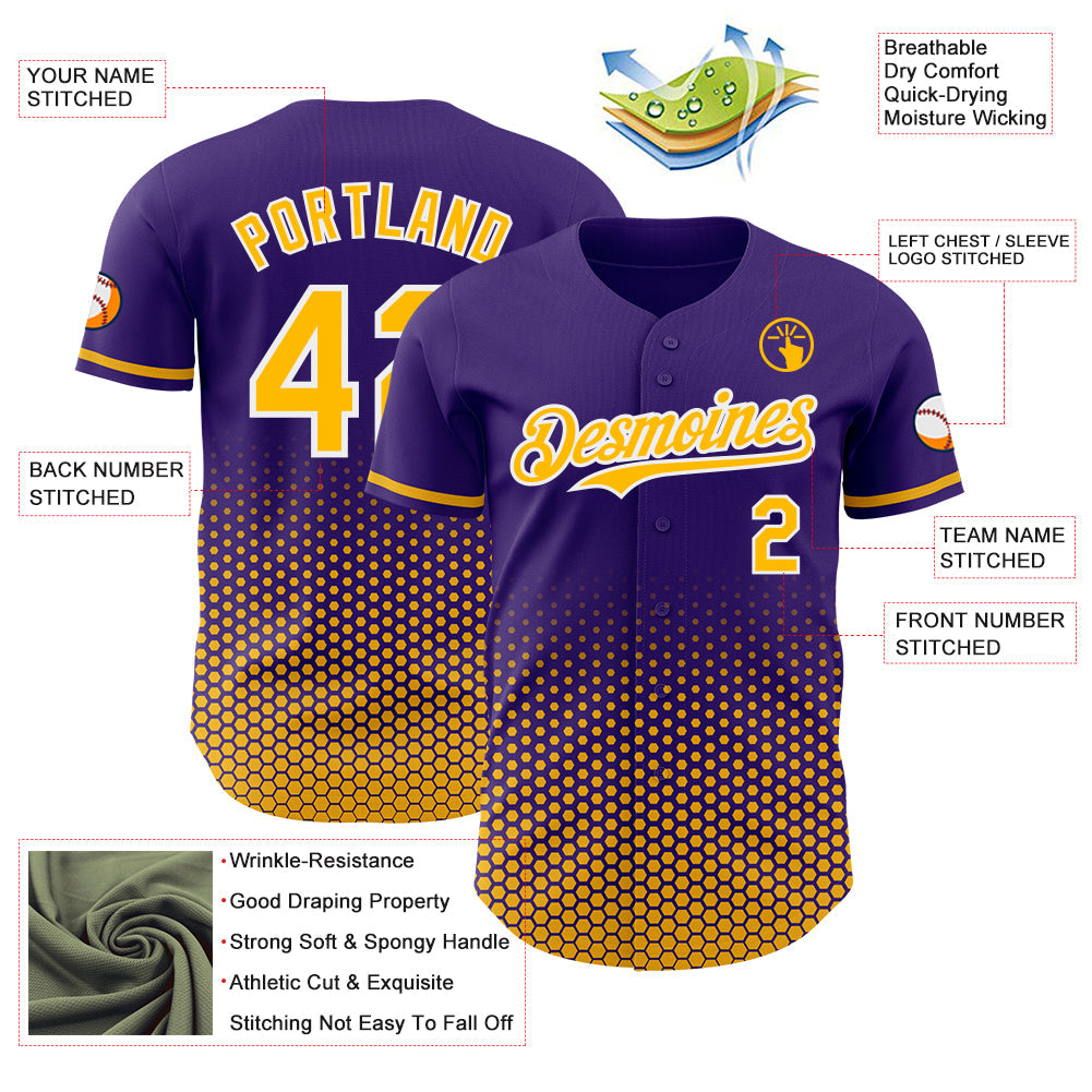 Custom Purple Gold-White Geometric Hexagonal Dot Gradient Authentic Baseball Jersey