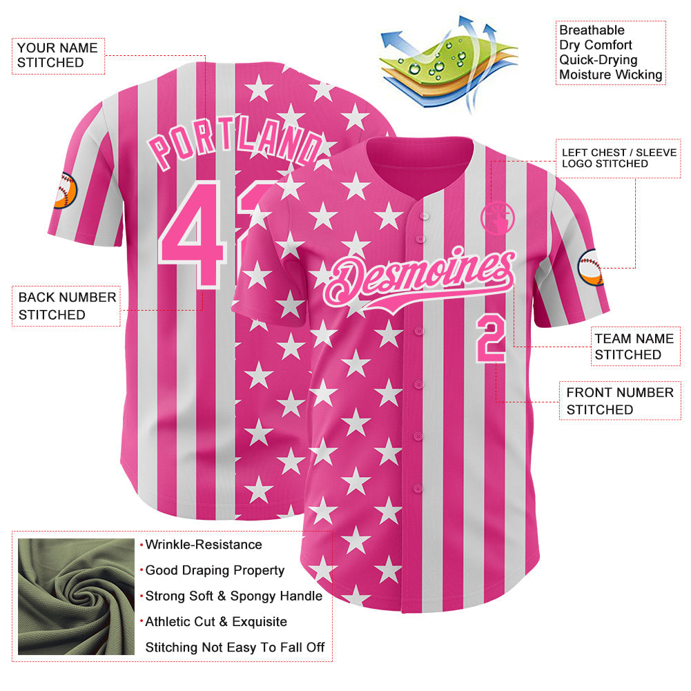 Custom Pink-White USA Flag Patriotic Split Stars and Stripes Authentic Baseball Jersey