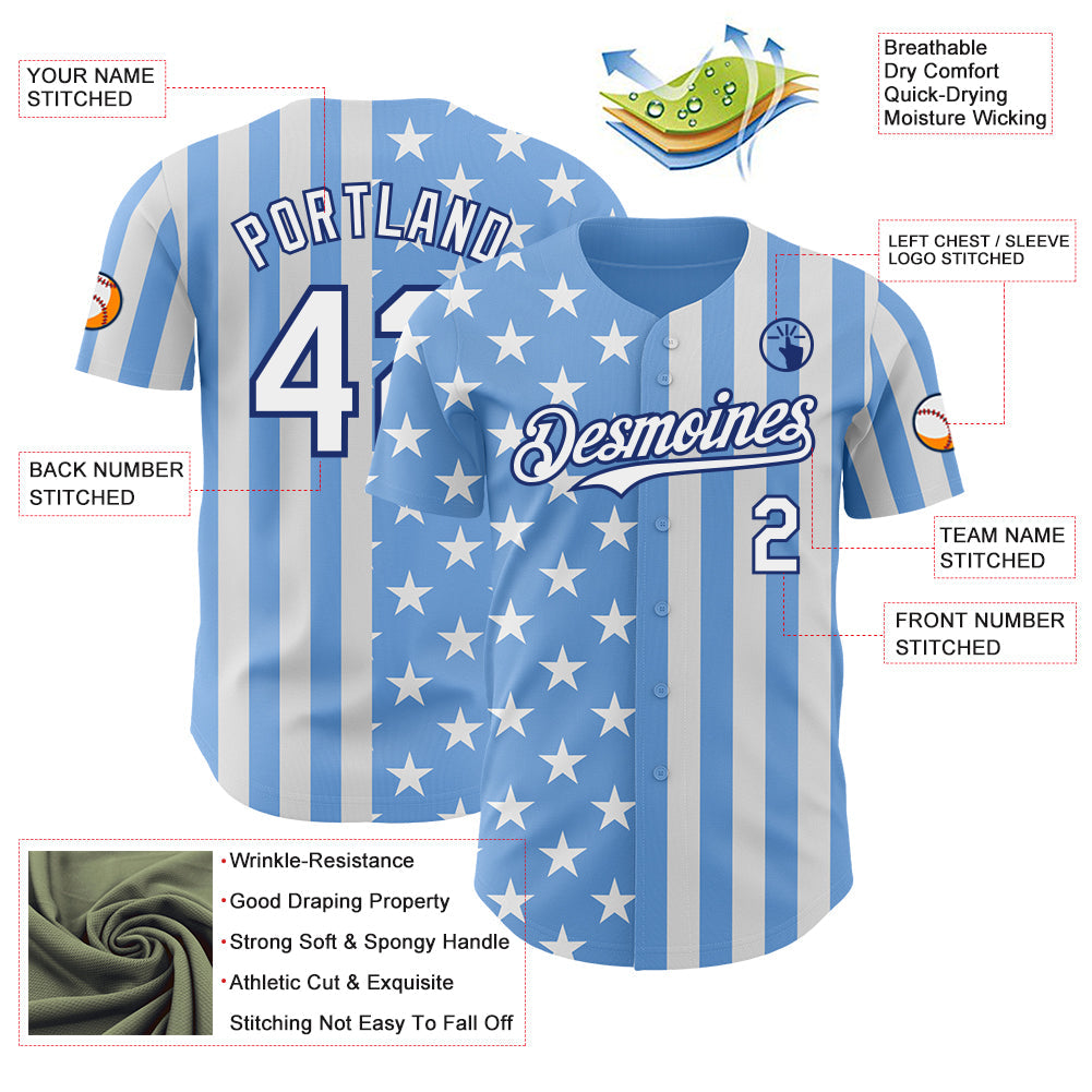 Custom Light Blue White-Royal USA Flag Patriotic Split Stars and Stripes Authentic Baseball Jersey