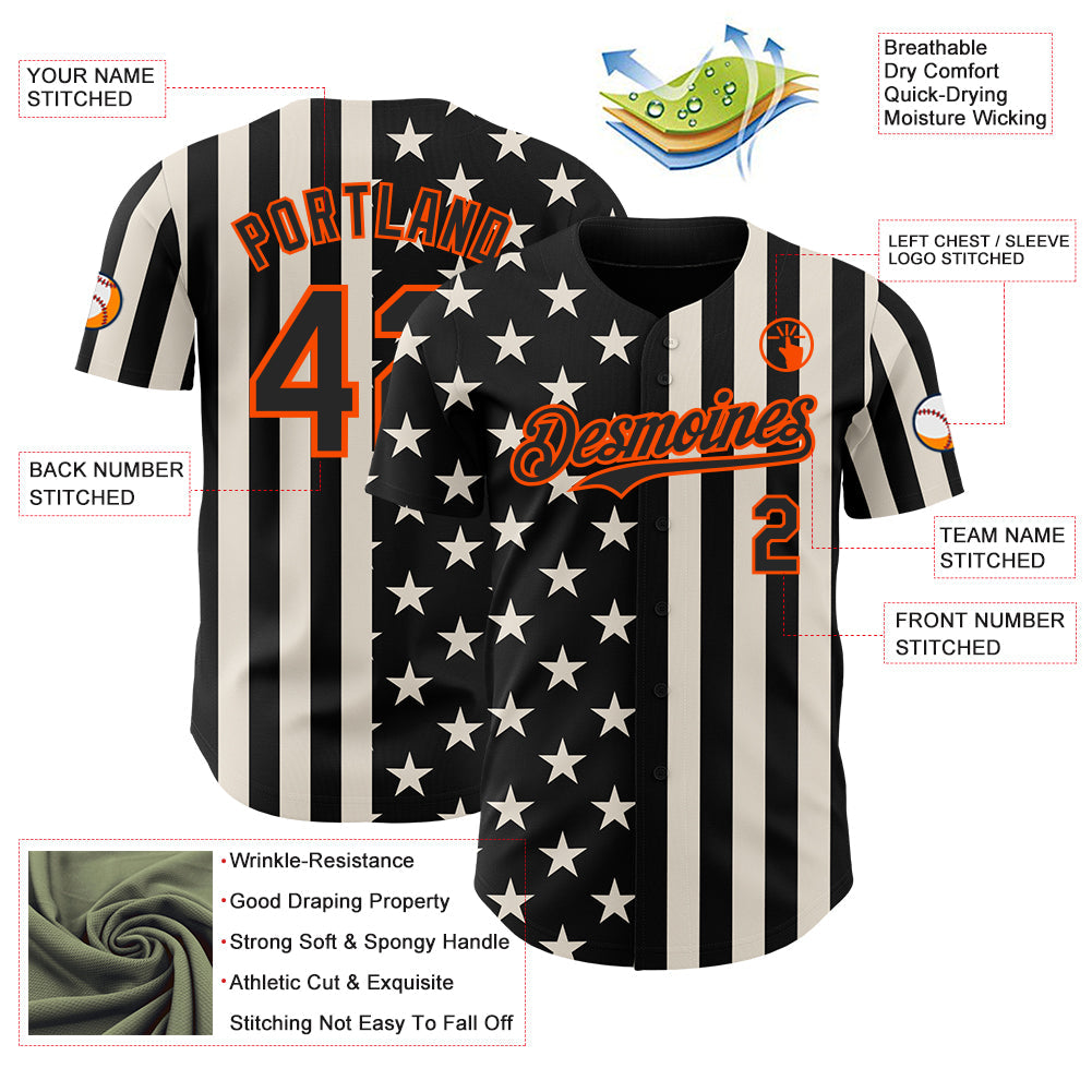 Custom Black Cream-Orange USA Flag Patriotic Split Stars and Stripes Authentic Baseball Jersey