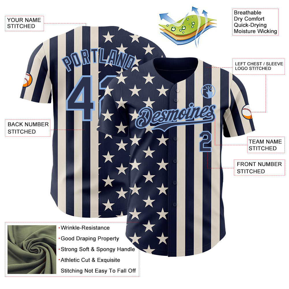 Custom Navy Cream-Light Blue USA Flag Patriotic Split Stars and Stripes Authentic Baseball Jersey