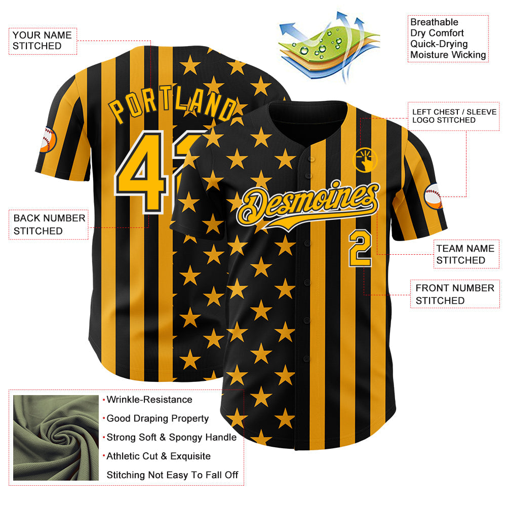 Custom Black Gold-White USA Flag Patriotic Split Stars and Stripes Authentic Baseball Jersey