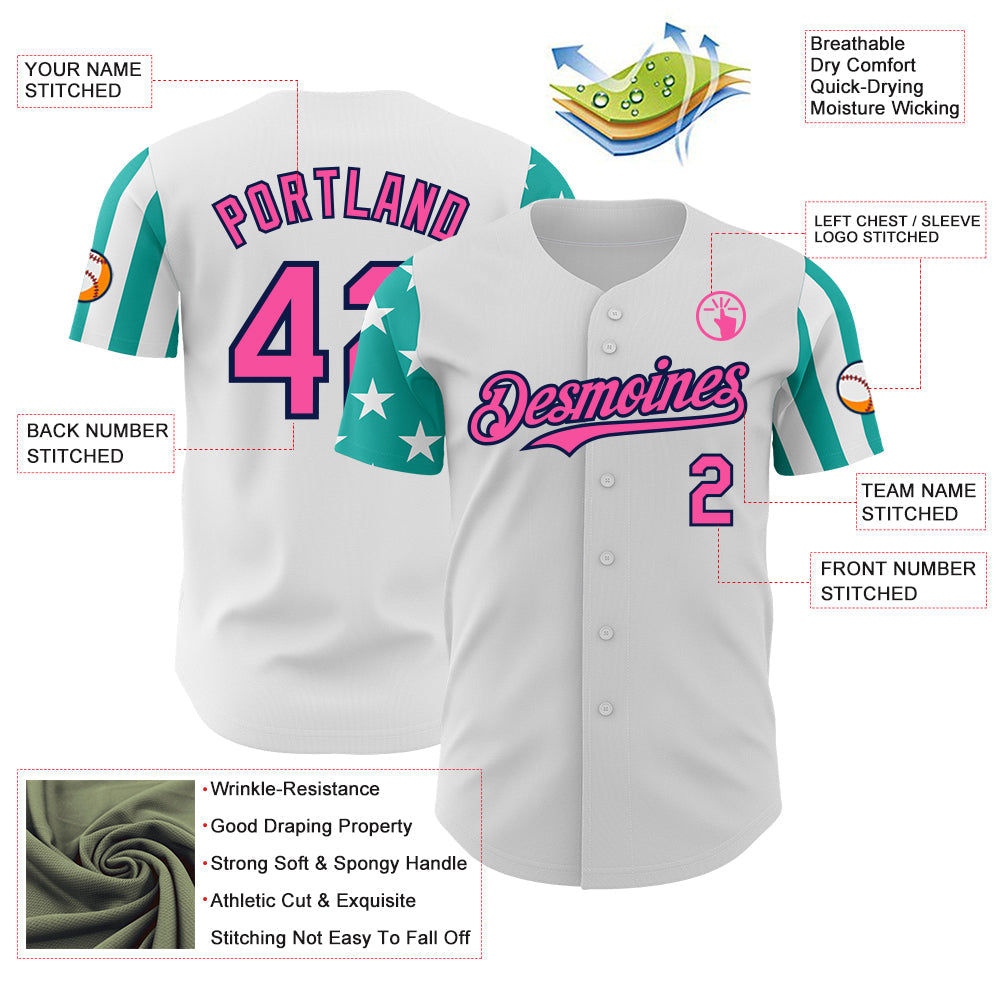 Custom White Pink Aqua-Navy Two Tone USA Flag Sleeves Stars and Stripes Authentic Baseball Jersey