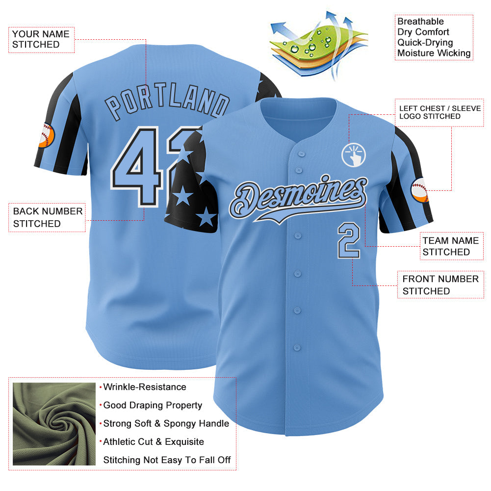 Custom Light Blue Black-White Two Tone USA Flag Sleeves Stars and Stripes Authentic Baseball Jersey