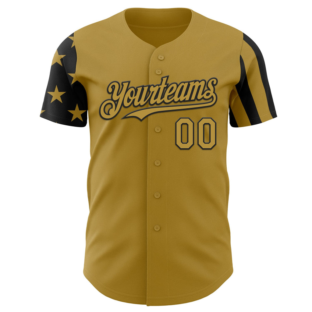 Custom Old Gold-Black Two Tone USA Flag Sleeves Stars and Stripes Authentic Baseball Jersey