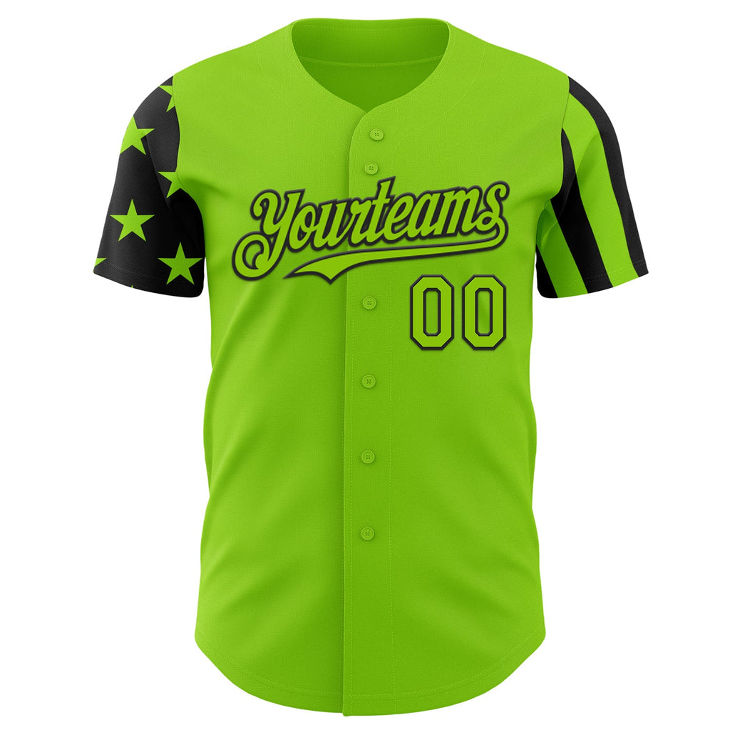 Custom Neon Green-Black Two Tone USA Flag Sleeves Stars and Stripes Authentic Baseball Jersey