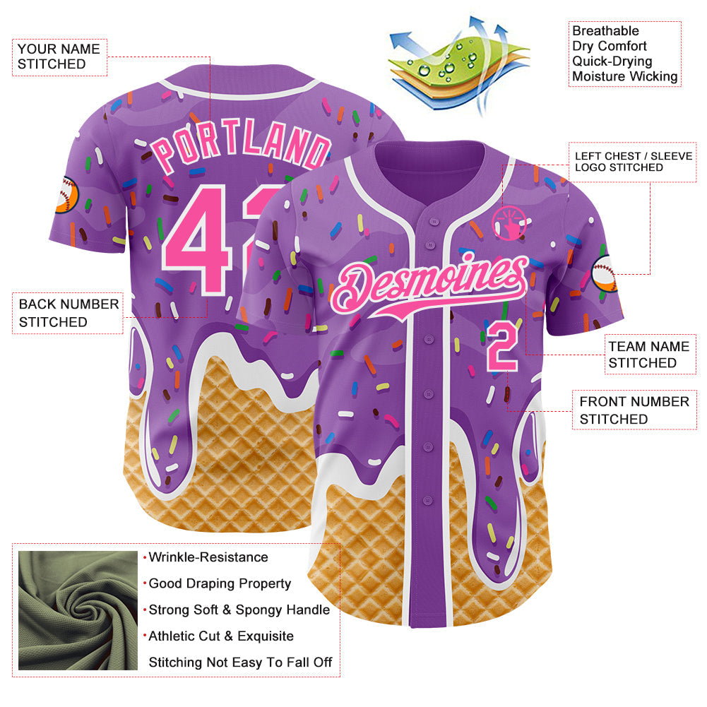 Custom Medium Purple Pink-White Ice Cream Waffle Foodie Dessert Authentic Baseball Jersey