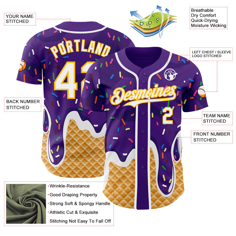 Custom Purple White-Gold Ice Cream Waffle Foodie Dessert Authentic Baseball Jersey