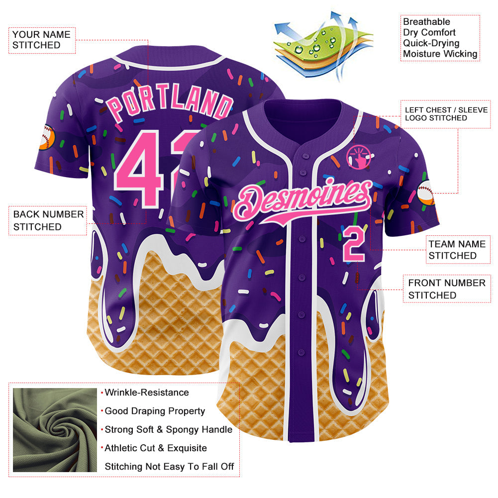 Custom Purple Pink-White Ice Cream Waffle Foodie Dessert Authentic Baseball Jersey