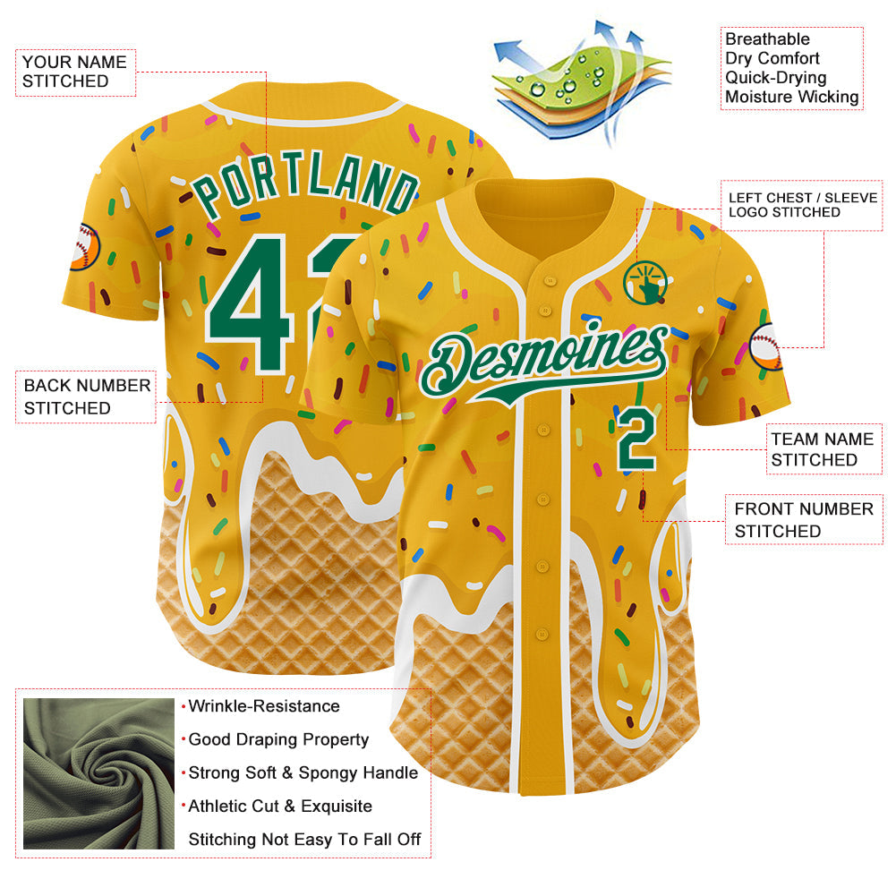 Custom Gold Kelly Green-White Ice Cream Waffle Foodie Dessert Authentic Baseball Jersey