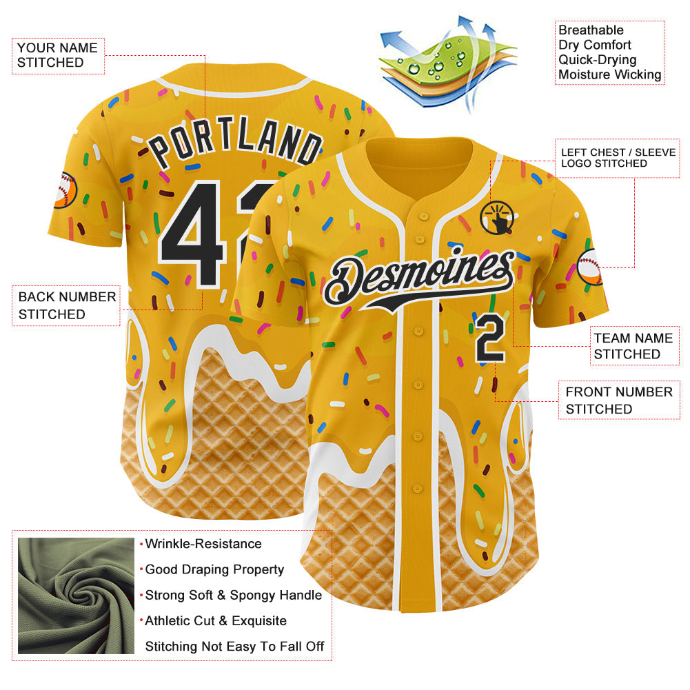 Custom Gold Black-White Ice Cream Waffle Foodie Dessert Authentic Baseball Jersey